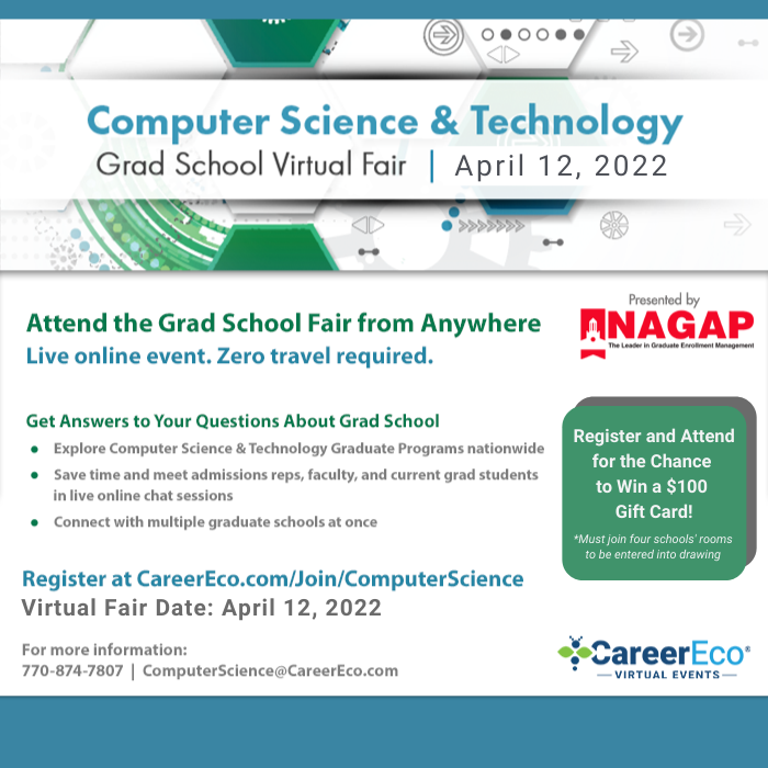 This is the Career Eco Computer Science and Technology Virtual Graduate Fair. This event takes place on April 12, 2022. This image is a flyer with heavy text and graphics. 