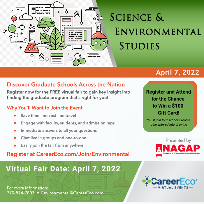 This is the Career Eco Virtual Graduate Fair for Science and Environmental Studies. This event takes place on April 7, 2022. This image is a flyer with heavy text and graphics.