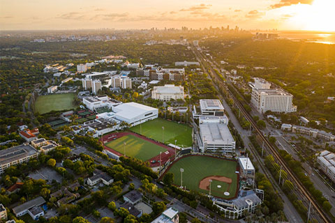 An aerial image of the Coral Gables campus at the University of Miami.