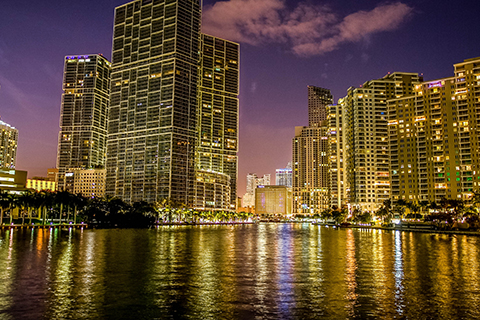 A stock photo of nighttime in the Brickell neighborhood in Miami, Florida.