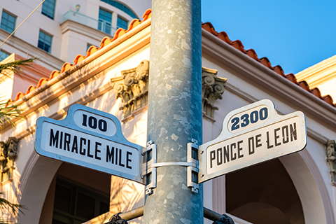 A stock photo of a famous street sign in Coral Gables, Florida.