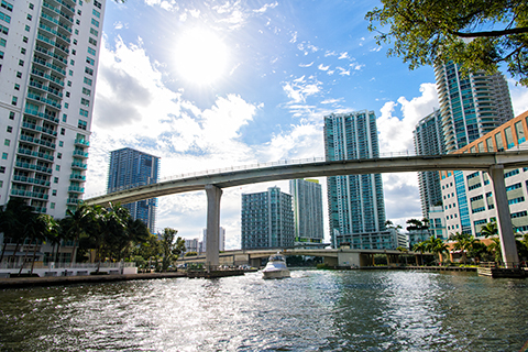 A stock photo of a the Miami river in downtown Miami, Florida.