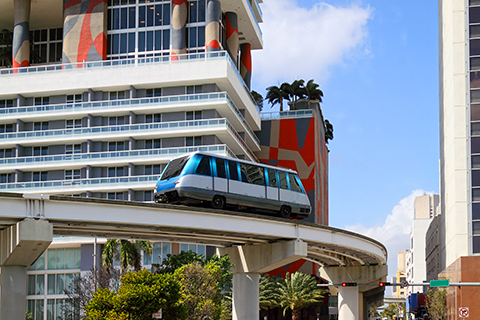A stock photo of the Metro Mover in downtown Miami, Florida.
