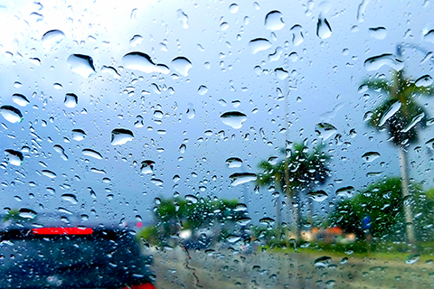 A stock photo of rain drops on a car window in Miami, Florida.