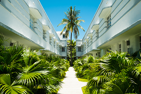 A stock photo of an art deco neighborhood in Miami Beach, Florida.
