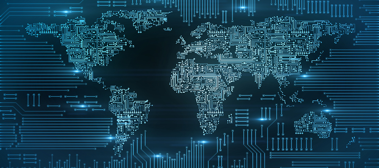 This is a stock photo. A graphic rendering of a world map made with computer chip parts and pieces.